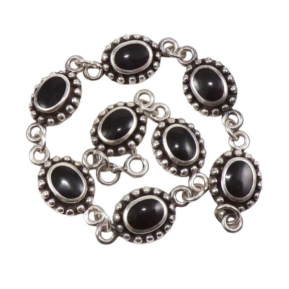 Sterling Silver Black Onyx Oval Chain Link Bracelet 7.25" - Picture 1 of 4
